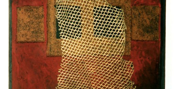 Rete, acrilico su rete e materiali vari, cm.89x60x7, 1999.