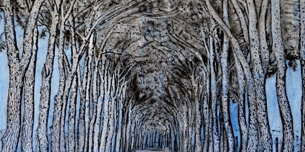 La strada dei pini, acrilico e carboncino su carta telata, cm.80,5×107,5.