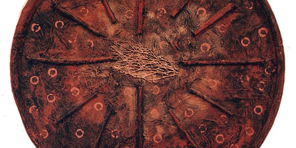 Tempo, acrilico su materiali naturali, ferro, cm. 60x60x30,1993.